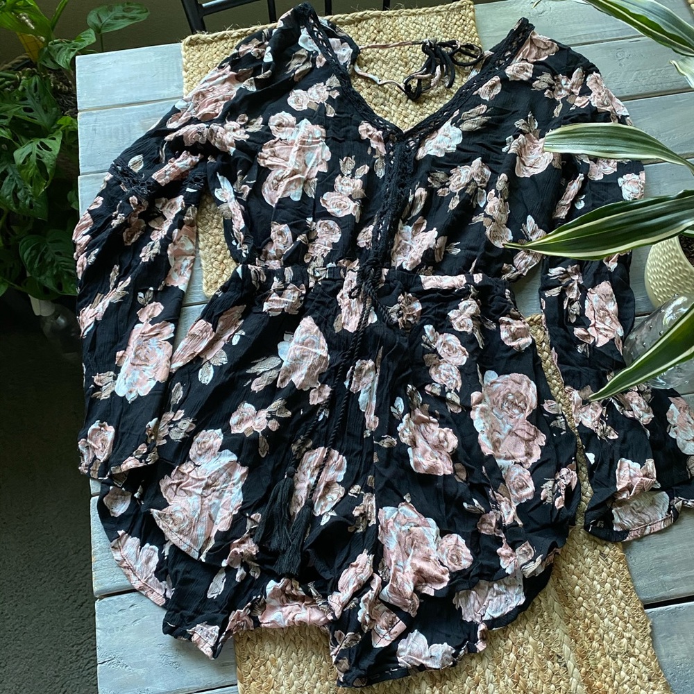 🌸 Black and Pink Floral Romper
